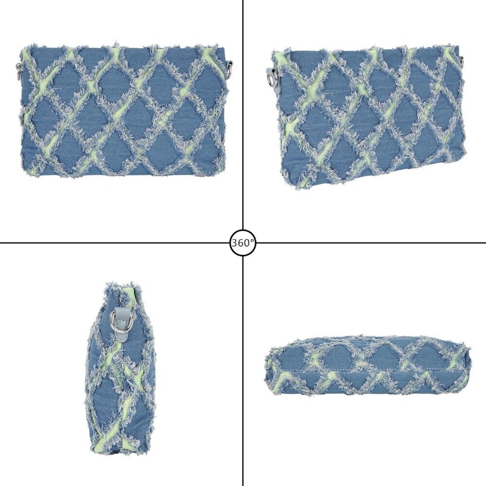 Women Denim Mini Bucket Crossbody Bag Quilted Distressed Tassel Purse - Picture 3 of 7